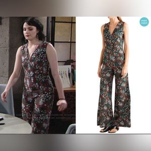 Maje Dark Green Floral V-Neck Wide-Leg Jumpsuit